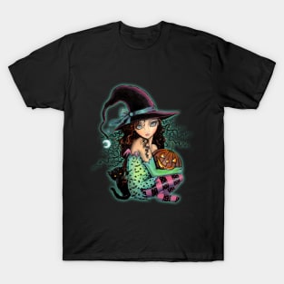 Halloween Hill Cute Witch Cat Pumpkin T-Shirt